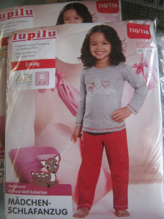 Pijama 2 piese pentru copii lupilu,110/116, gri/roz