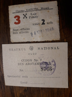 CLUJUL VECHI - BILET CINEMA CAPITOL - CUPON ABON. TEATRUL NATIONAL - ANII 1940 foto