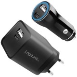 KIT ALIMENTATOR retea 220V + Auto LOGILINK, universal, 1 x USB-C / 1 x USB-A retea, maxim 3A/15W, 1 x USB-C / 1 x USB-A auto, maxim 3A/15W, suport OCP