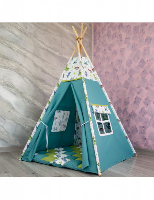 Cortulet de joaca Teepee, verde cu turcoaz si dinozauri foto