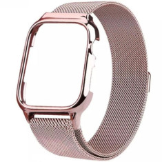 Curea iUni compatibila cu Apple Watch 1/2/3/4/5/6/7, 42mm, Milanese Loop, carcasa protectie incorporata, Rose Gold