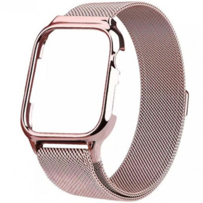 Curea iUni compatibila cu Apple Watch Ultra/SE/8/7/6/5/4/3/2/1, 42mm, Milanese Loop, carcasa protectie incorporata, Rose Gold foto