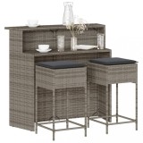 Set mobilier bar de grădină, cu perne, 3 piese, gri, poliratan