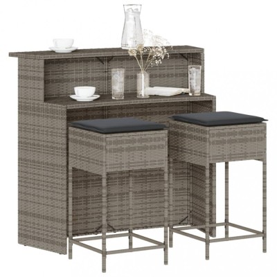 vidaXL Set mobilier bar de grădină, cu perne, 3 piese, gri, poliratan 3261488 foto