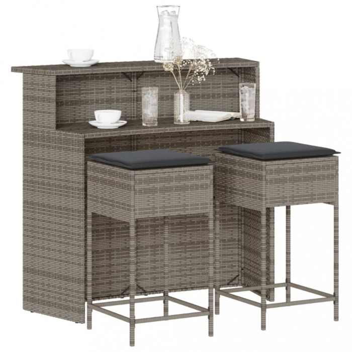 vidaXL Set mobilier bar de grădină, cu perne, 3 piese, gri, poliratan 3261488
