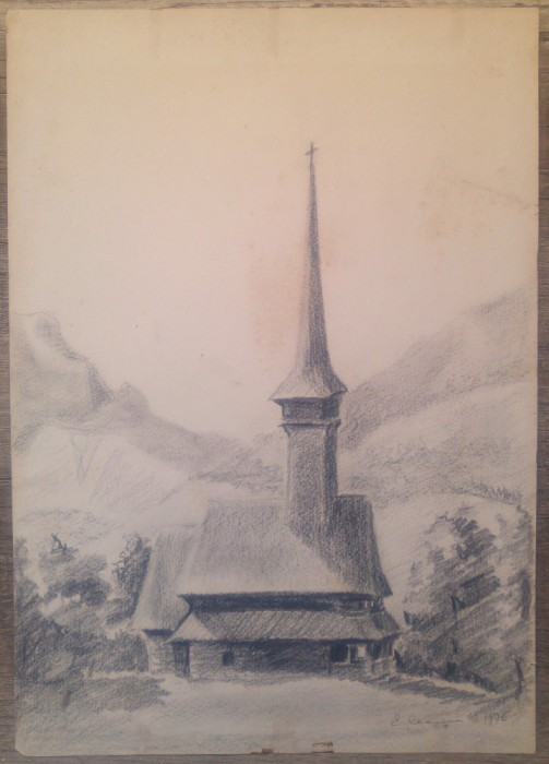 Peisaj cu manastire de lemn// creion pe hartie, E. Ceausu 1976
