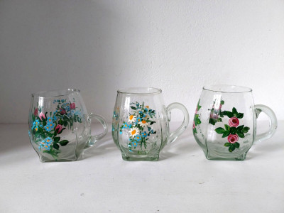 Lot 3 pahare sticla Peter Wolke Tirol pictate manual motiv floral foto