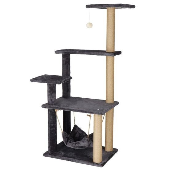 Ansamblu de joaca pentru pisici, Springos, cu platforme, culcus, grafit si crem, 52x37x121 cm