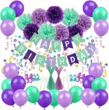Set aniversar pentru decor sirena ZERODECO, hartie/latex, turcoaz/violet, 67 piese