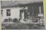 1962, Foto veche Cabana ARGESUL, motocicleta, propaganda comunista, turiism