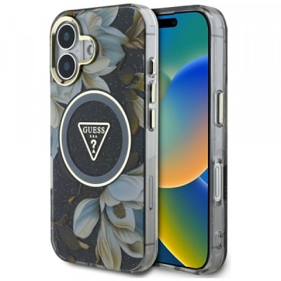 Husa MagSafe pentru Apple iPhone 16, Guess, IML Metal Glitter Flowers Triangle, Neagra foto