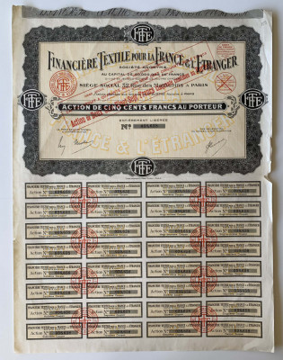 Financiere Textile pour la France &amp;amp; L&amp;#039;Etranger - Actiuni - Paris - 1930 foto