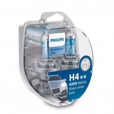 Set 2 becuri auto cu halogen pentru far Philips WhiteVision ultra H4 12V 60/55W P43T, culoare 4200K, + 2 buc becuri 5W, 2342WVUSM