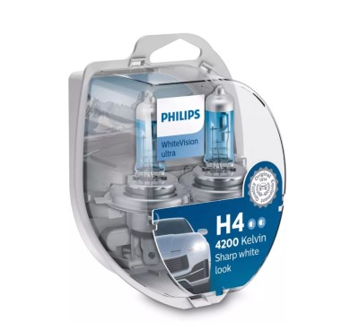 Set 2 becuri auto cu halogen pentru far Philips WhiteVision ultra H4 12V 60/55W P43T, culoare 4200K, + 2 buc becuri 5W, 2342WVUSM foto