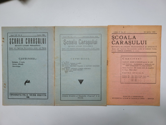 rare 3 numere Scoala Carasului 1930, 1935, 1936, Felix Weiss, Oravita, Caras-Severin, Banat