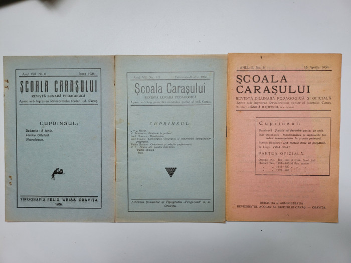 rare 3 numere Scoala Carasului 1930, 1935, 1936, Felix Weiss, Oravita