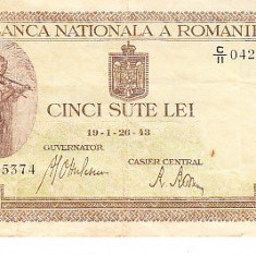 M1 - Bancnota Romania - 500 lei emisiune ianuarie 1943 - filigran vertical