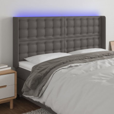 vidaXL Tăblie de pat cu LED, gri, 203x16x118/128 cm, piele ecologică foto