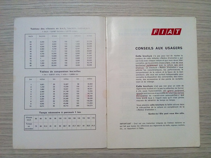 FIAT 850 - Conseils aux Usagers - Torino, 1970, 48 p.