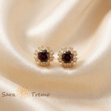 Cercei Floare Visinie , Cercei Tip Surub placati 18K Brazilia, piatra visinie