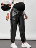 Pantaloni cargo, model piele, Maternity, negru, dama