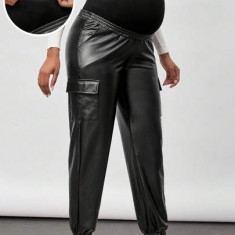 Pantaloni cargo, model piele, Maternity, negru, dama