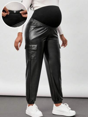 Pantaloni cu talie medie si buzunare, Maternity, negru, dama, Shein foto