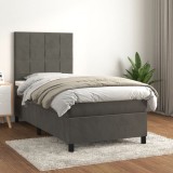 vidaXL Pat box spring cu saltea, gri &icirc;nchis, 90x200 cm, catifea