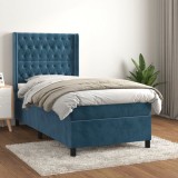 vidaXL Pat box spring cu saltea, albastru &icirc;nchis, 90x190 cm, catifea