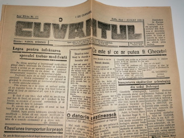 ZIAR CUVANTUL- BRAILA 1 AUGUST 1939 -DIRECTOR MARCEL STANESCU