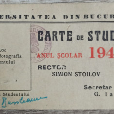 Carte de student Universitatea Bucuresti 1944-45