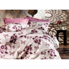 Lenjerie de pat pentru o persoana cu husa elastic pat si fata perna dreptunghiulara, Liliac, bumbac ranforce, gramaj tesatura 120 g/mp, multicolor