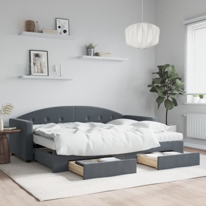 vidaXL Pat de zi cu extensie și sertare gri &icirc;nchis 80x200 cm catifea