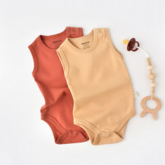 Set 2 body-uri fara maneci bebe unisex -100% bumbac organic - Mustar/ Scortisoara, BabyCosy (Marime: 6-9 luni)