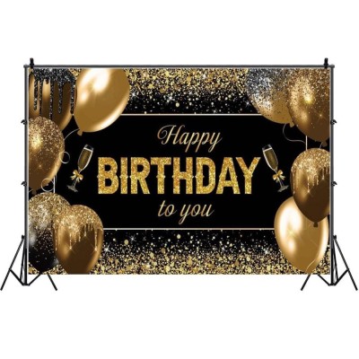 Banner Tip Fundal pentru Poze, Cyrax, din Panza, 185 x 110 cm, Sfoara 6 m, Prindere in 4 Colturi, Happy Birthday to You, Negru/Auriu foto