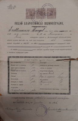 AMS % - CERTIFICAT DE ABSOLVIRE 1920, SCOALA DE FETE, TIMISOARA, USOR DETERIORAT foto