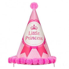 Palarie din Carton de Petrecere Little Princess Roz cu Pompon 18cm