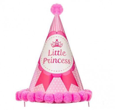 Palarie din Carton de Petrecere Little Princess Roz cu Pompon 18cm foto