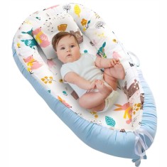 Cosulet Bebelusi pentru Dormit tip Baby Nest, Linomag&reg;, cu Doua Fete, 0-24 Luni, 90x55cm, Husa Bumbac, Confort &amp; Siguranta, Alb/Blue sky