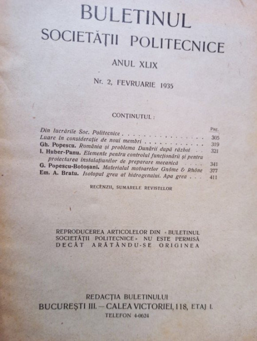 Buletinul Societatii Politecnice din Romania, anul XLIX, nr. 2 (1935)