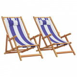 VidaXL Scaune plajă pliabile 2 buc. albastru/alb țesătură &amp; lemn masiv