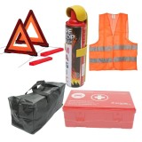 Cumpara ieftin Kit siguranta auto complet , geanta depozitare, extinctor spray 1000 ml, 2 triunghiuri reflectorizante, vesta reflectorizanta portocalie si trusa sani