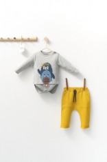 Set cu pantalonasi cu buzunare si body cu maneca lunga pentru bebelusi Monster, Tongs baby (Culoare: Albastru, Marime: 9-12 luni foto