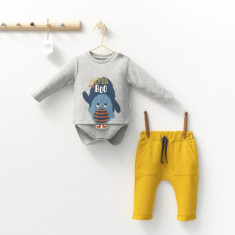 Set cu pantalonasi cu buzunare si body cu maneca lunga pentru bebelusi Monster, Tongs baby (Culoare: Galben, Marime: 12-18 Luni)