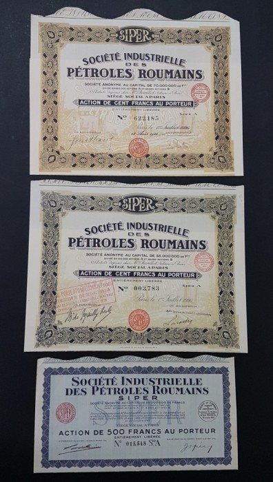 Lot 3 actiuni societatea de petrol romanesc SIPER , titlu , actiune