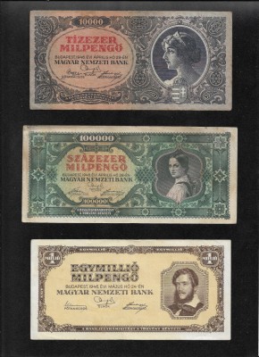 Set Ungaria 10000 + 100000 + 1000000 milpengo 1946 F-VF foto