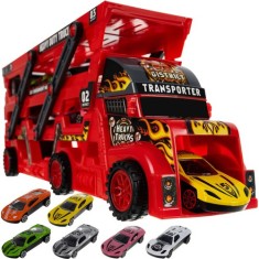 Set Camion de Remorcare cu Lansator ?i 6 Ma?inu?e, Ro?u/Negru, Func?ie Pliabila foto