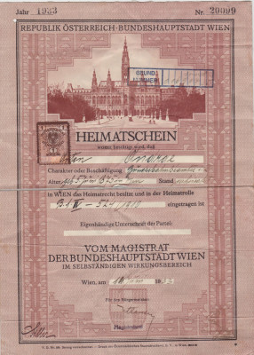 Certificat de domiciliu Austria Vienna 1933 foto