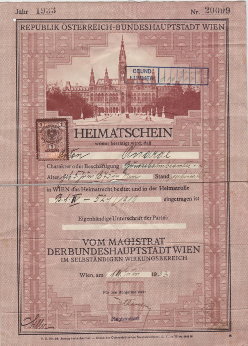 Certificat de domiciliu Austria Vienna 1933