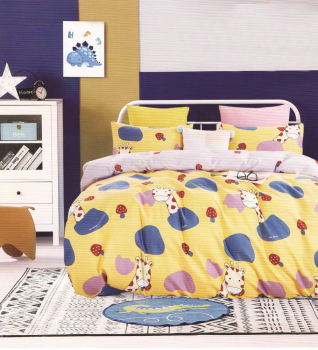 Lenjerie de pat pentru o persoana cu husa elastic pat si fata perna dreptunghiulara, Kiaria, bumbac mercerizat, multicolor